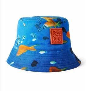 Loewe NWT Logo Appliquéd Cotton Canvas blue fish Bucket Hat  w/ dustbag 60cm